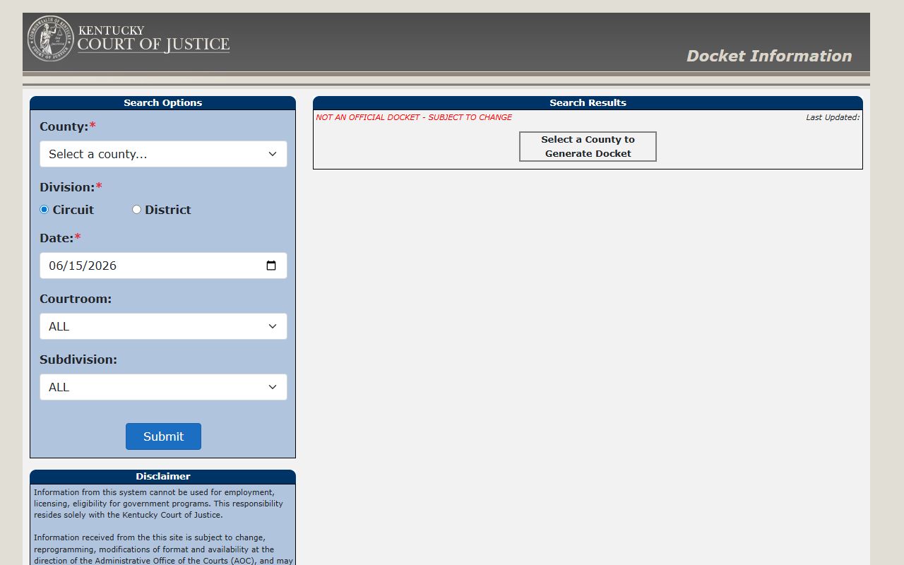 Kentucky Court of Justice docket search form for finding Greenup County court records after arrest